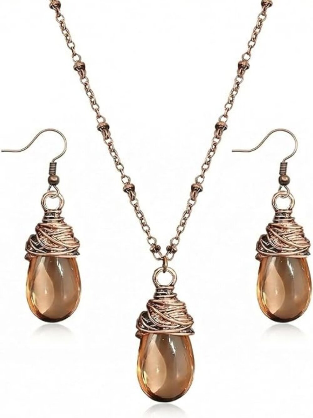 Brown Boho Necklace & Earrings Set for Women, Chunky Resin Teardrop Jewelry